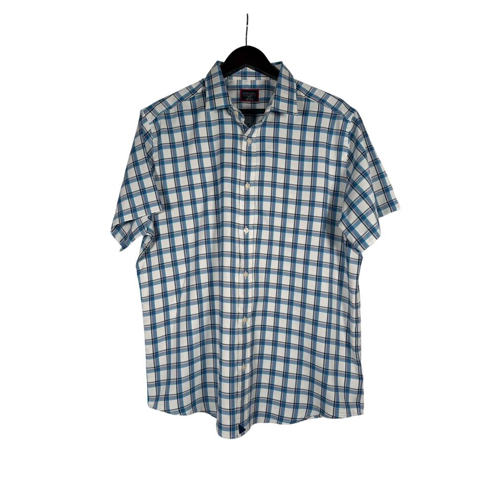 UnTuckit Booker Shirt Men Blue XL Slim Fit SS Plaid Button Preppy Office Casual